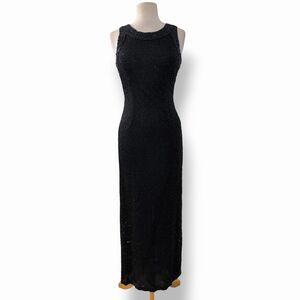 VTG Laurence Kazar 90s Whimsigoth Black Beaded Silk Column Evening Maxi Gown S